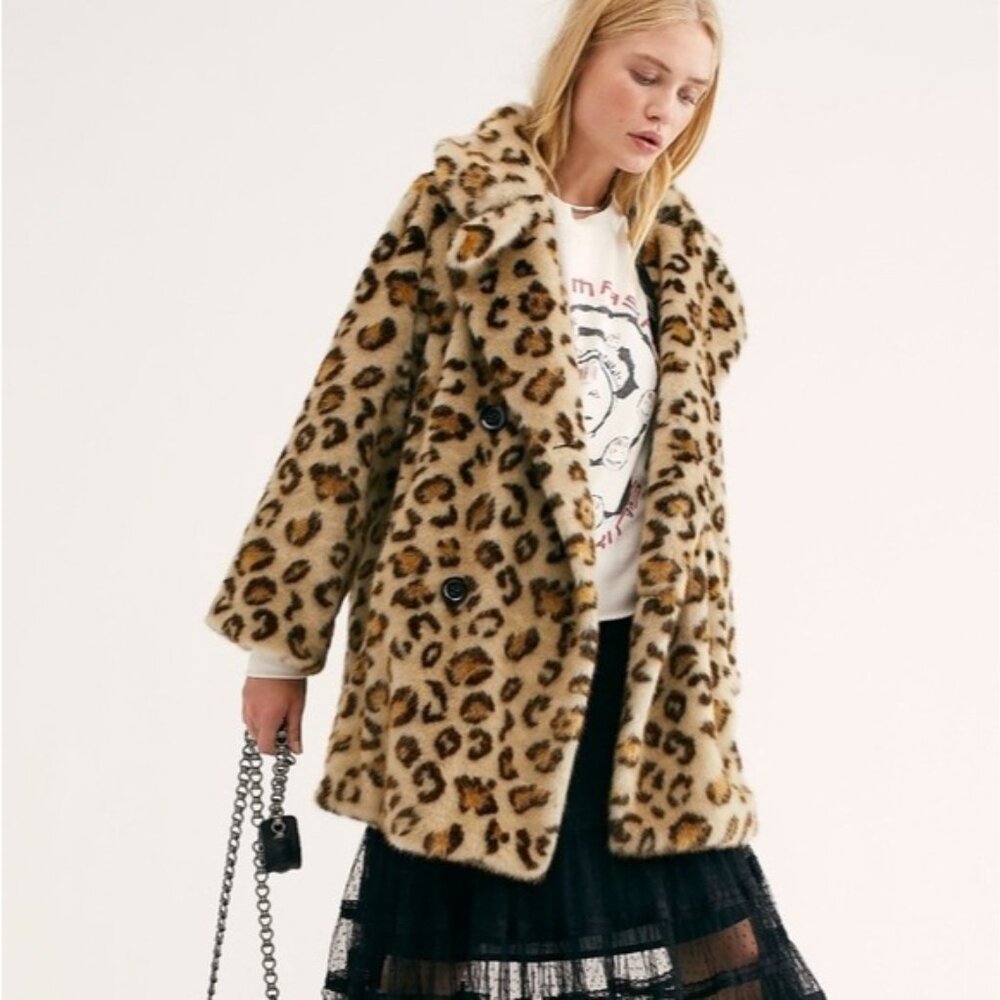 NWT Free People Sienna Leopard Faux Fur Double-Breasted Short Peacoat Jacket XS